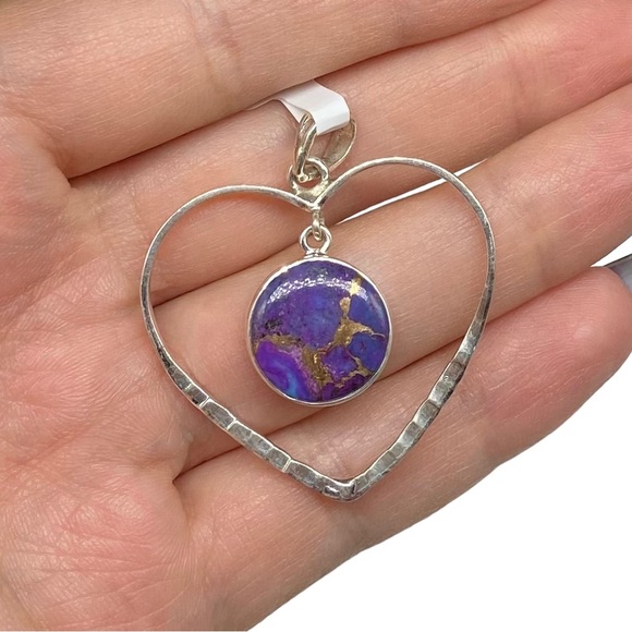 Artisan Jewelry - Purple Copper Turquoise Heart Shaped Necklace Pendant Solid Sterling Silver 925